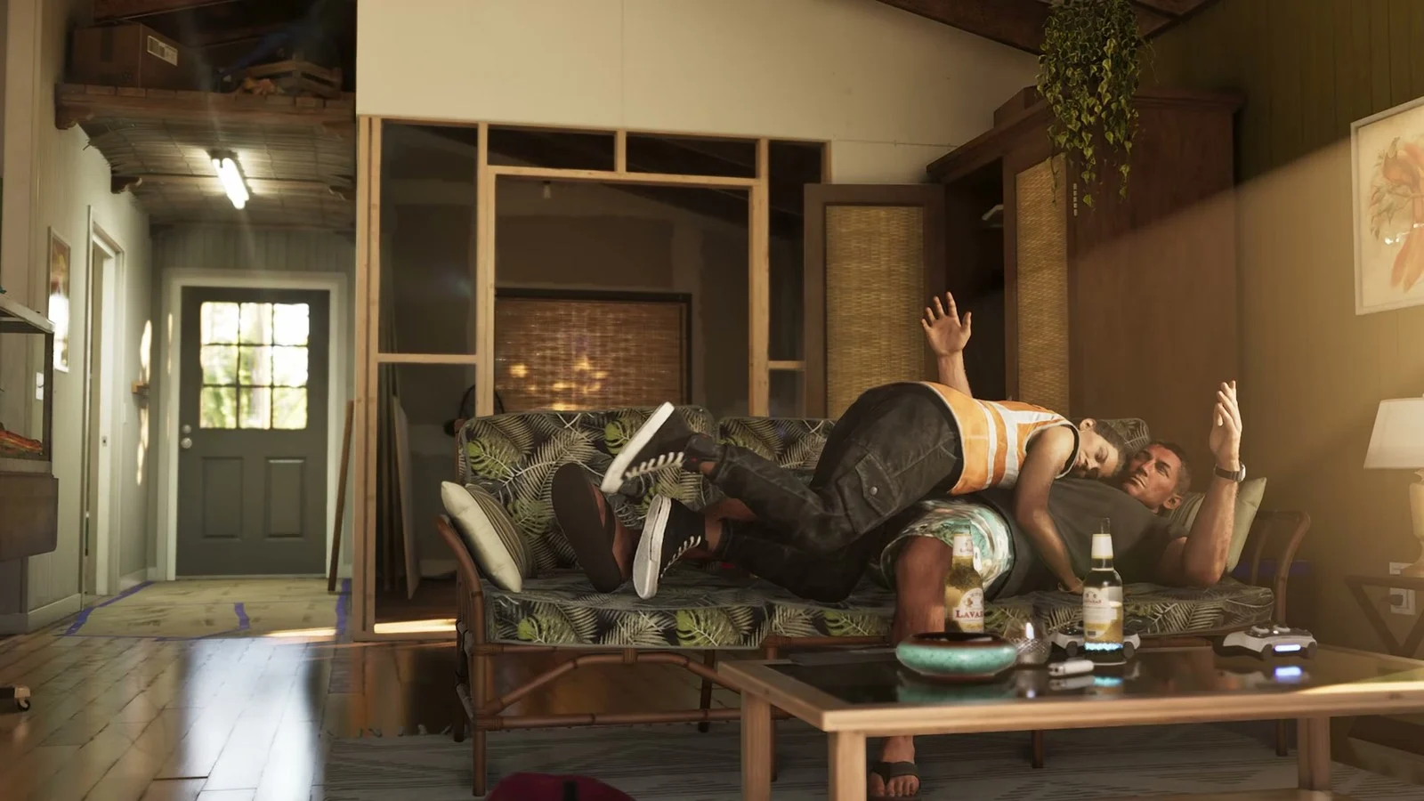 Jason and Lucia sprawled on the couch inside the Keys house, official GTA VI footage