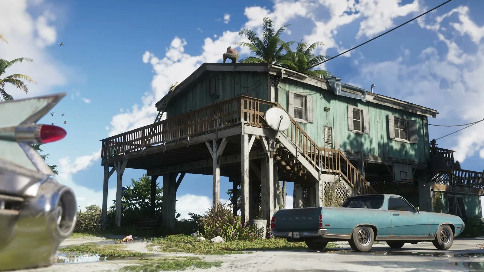 A weathered stilt house in the Leonida Keys with an old car parked outside, official GTA VI footage