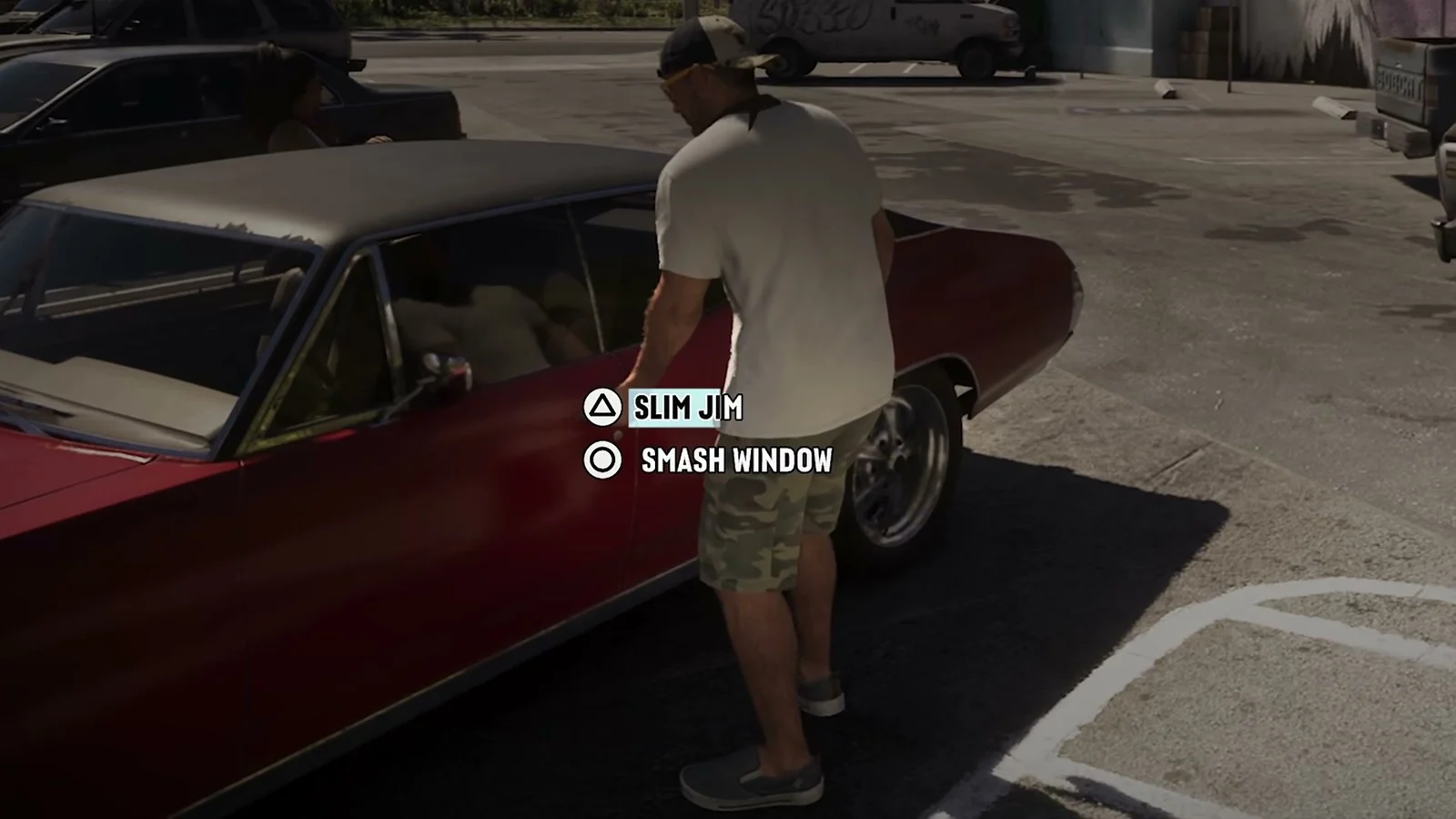 Jason beside a parked red car with the on-screen prompts Slim Jim and Smash Window, official GTA VI footage