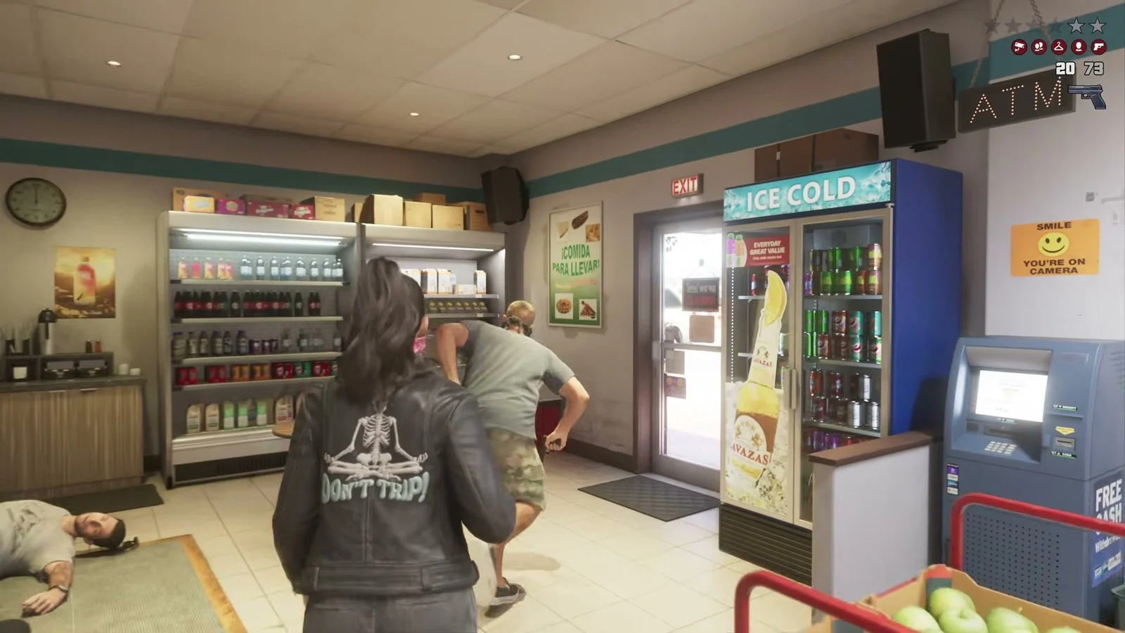 Lucia inside a convenience store, a blue ATM by the door under a lit ATM sign, official GTA VI footage