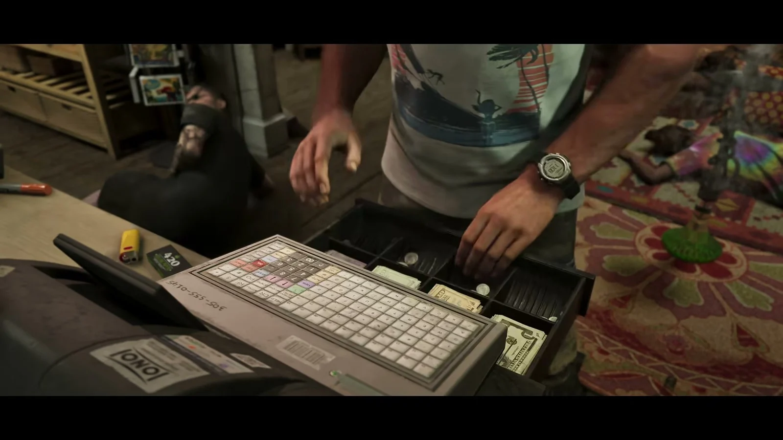 A hand pulls banknotes from an open cash register drawer, official GTA VI footage