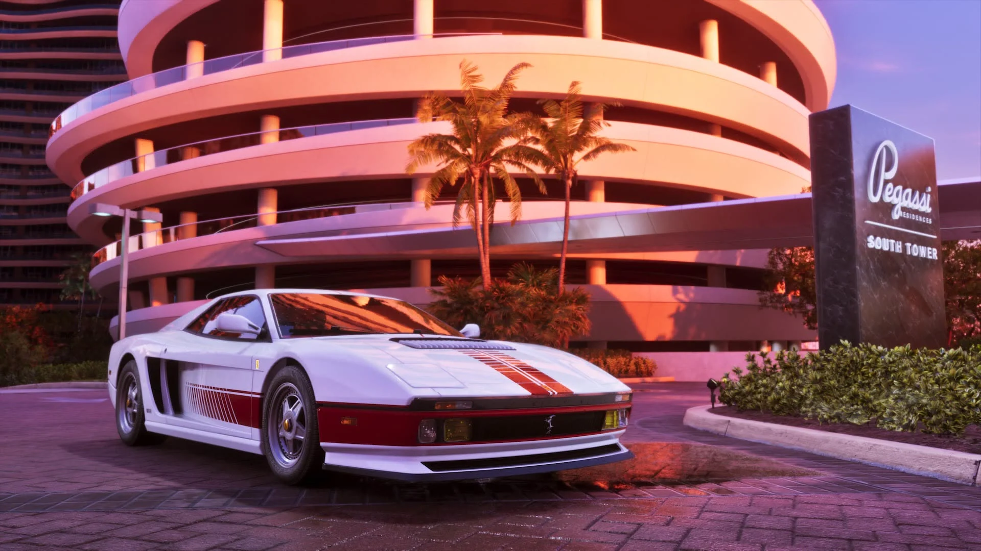A white sports car parked by a curved pink parking tower, official GTA VI artwork