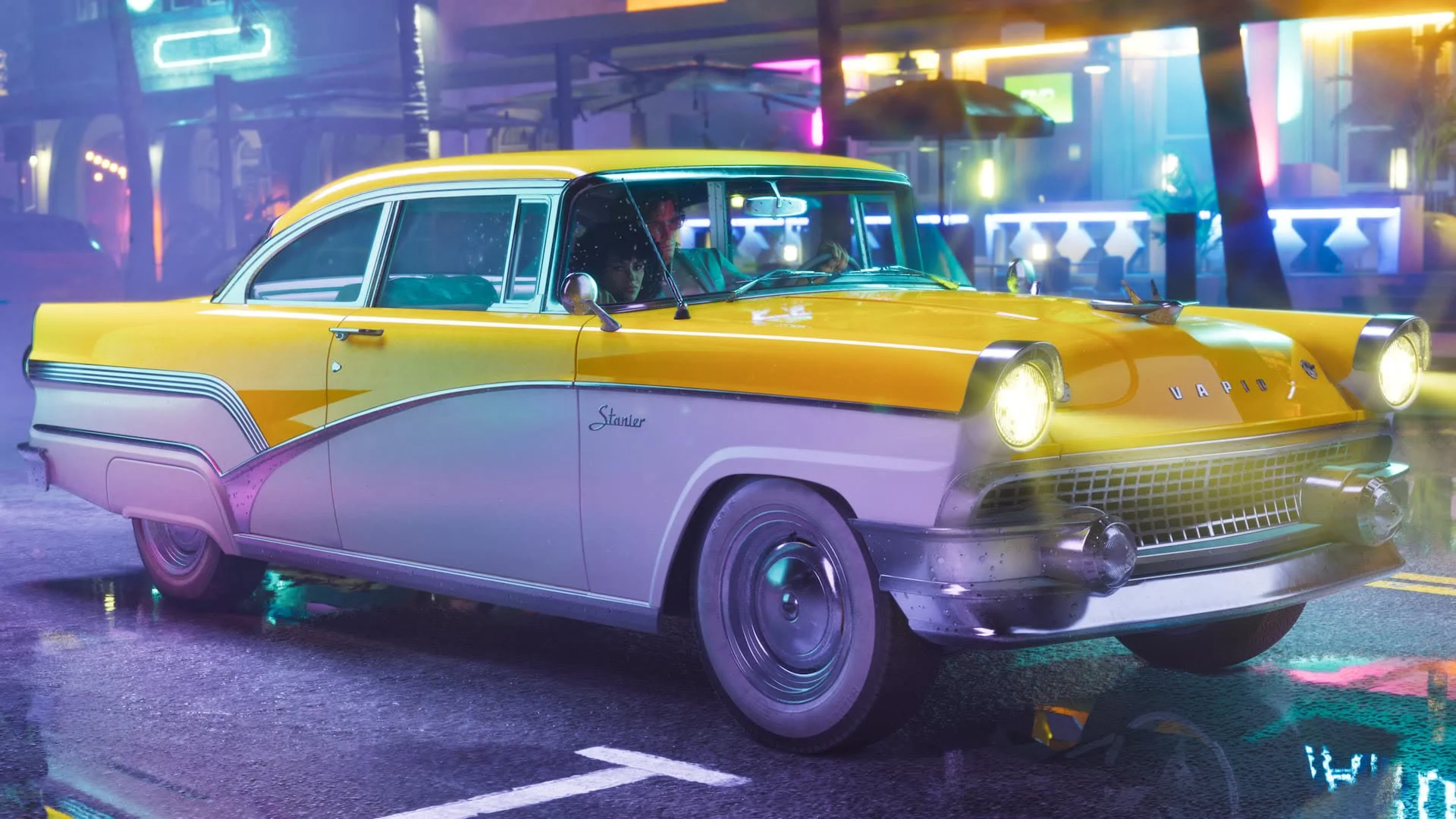 Jason and Lucia in a yellow and white Vapid Stanier on a wet neon street, official artwork for the Vintage Vice City Pack